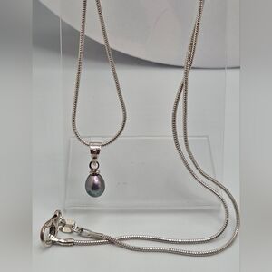 Freshwater Black Dark Real Pearl Necklace 18” Silver Plated Snake Chain NWOT